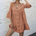 3/4-sleeve Button-up Mini Dress