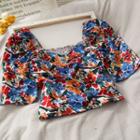 Floral Ruched Crop Top Blue - One Size