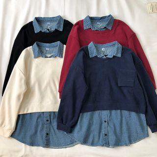 Mock Two-piece Denim Panel Long-sleeve Shirt