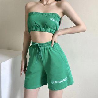 Set: Strapless Lettering Crop Top + High Waist Wide Leg Shorts