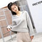 Hooded V-neck Knit Top Gray - M