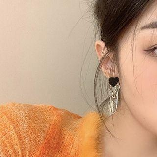 Heart Chain Strap Stud Earring 1 Pair - Silver & Black - One Size