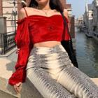 Cold-shoulder Bell-sleeve Cropped Velvet Top