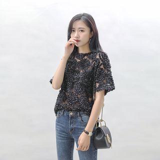 Short-sleeve Flower Applique Tulle Top