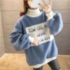 Turtleneck Faux Shearling Lettering Embroidered Sweatshirt