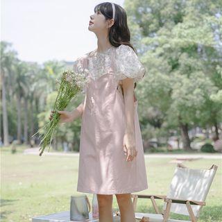 Puff-sleeve Floral Print Top + Plain Overall Dress