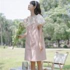 Puff-sleeve Floral Print Top + Plain Overall Dress