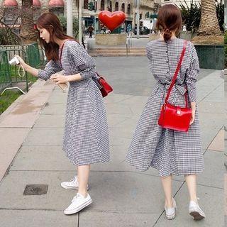Long-sleeve Check Midi A-line Dress