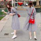 Long-sleeve Check Midi A-line Dress