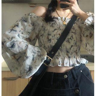 Long-sleeve Printed Chiffon Top / Irregular Mini Skort