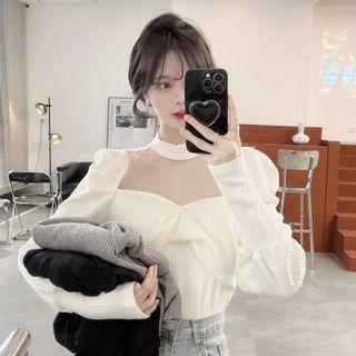 Long-sleeve Mesh Panel Twist-front Top