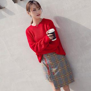 Set: Plain Sweater + Asymmetrical Plaid H-line Skirt