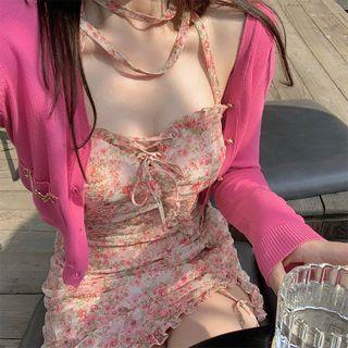 Spaghetti Strap Floral Print Frill Trim Mini Bodycon Dress