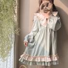 Long-sleeve Frill Trim Collared Dress Matcha Green - One Size