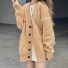 Contrast Stitching Cardigan Khaki - One Size