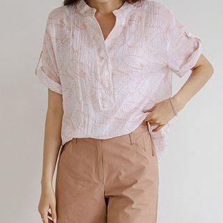 Open-placket Tab-sleeve Foliage Shirt