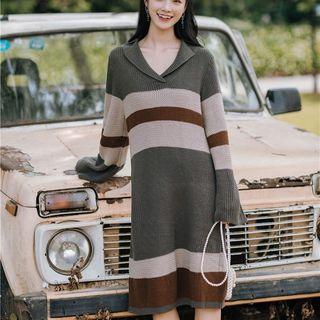 V-neck Collared Striped Sweater Dress