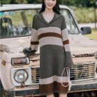 V-neck Collared Striped Sweater Dress