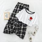 Set: Printed T-shirt + Plaid Skirt As Shown In Figure - One Size