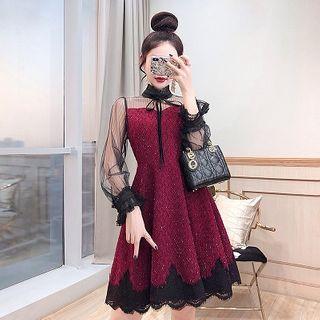 Bell-sleeve Mini Mesh A-line Dress
