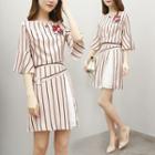 Set: Striped Elbow-sleeve Top + Pleated A-line Skirt