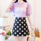 Puff-sleeve Flower Printed Mesh Top / Plain Cropped Camisole / High-waist Flower Printed A-line Skirt