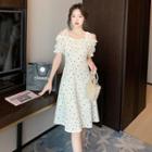 Puff-sleeve Cold-shoulder Floral Midi A-line Dress