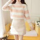 Mock-neck Striped Sweater / Mini Skirt / Set
