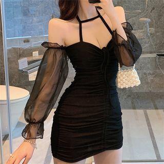 Drawstring Cold-shoulder Mini Sheath Dress