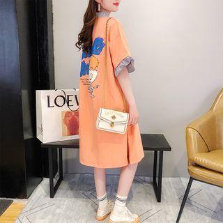 Short-sleeve Striped-cuff Cartoon Print T-shirt Dress