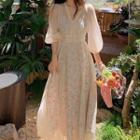 Balloon-sleeve V-neck Mesh Midi A-line Dress / Spaghetti-strap Dress