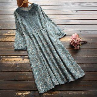 Eyelet Panel Floral Midi A-line Dress