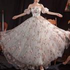Short-sleeve Off-shoulder Floral A-line Wedding Gown