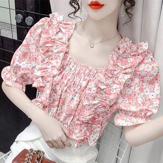 Square-neck Ruffle Trim Floral Blouse