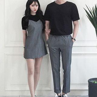Couple Matching Striped Spaghetti Strap Dress / Striped Cropped Pants