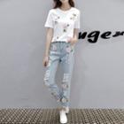 Set: Flower Applique Short-sleeve T-shirt + Ripped Cropped Jeans