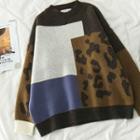 Color-block Leopard Loose-fit Sweater As Figure - One Size