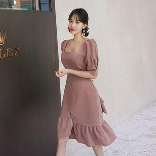 Square-neck Frill-hem Dress