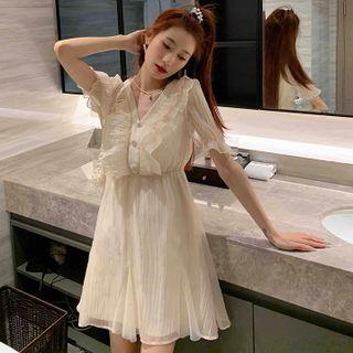 Spaghetti-strap Plain Mesh Panel Dress / Puff-sleeve Ruffle Trim Mesh Dress / Long-sleeve Mesh Sheer Cardigan