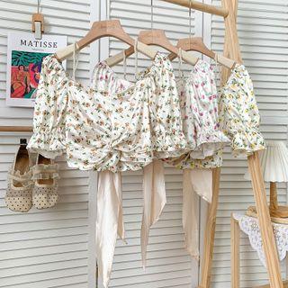 Pearl-strap Twisted Floral Crop Top