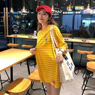 3/4-sleeve Striped Ripped T-shirt Stripe - Yellow - One Size