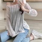 Slit-side Long-sleeve Open-knit Top Beige & White - One Size