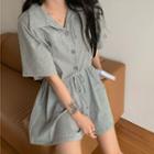 Collared Short-sleeve Drawstring Playsuit