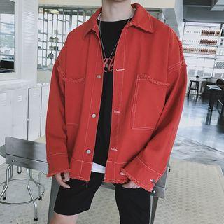 Letter Embroidered Frayed Trim Buttoned Jacket