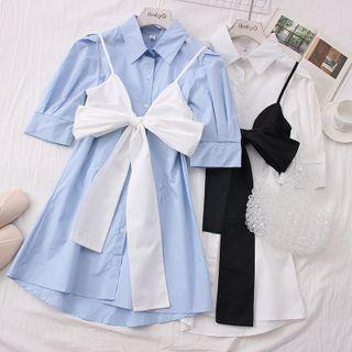 Ribbon-accent Puff-sleeve Mini Shirtdress
