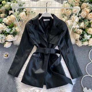 Open-front Faux Leather Coat