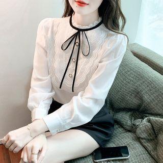 Long-sleeve Bow-neck Lace Trim Blouse