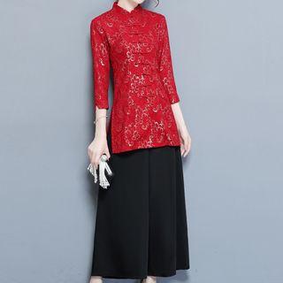 Set: 3/4-sleeve Cheongsam + Wide Leg Pants