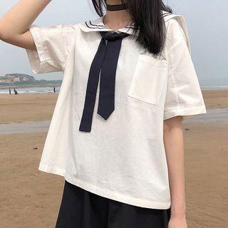 Short-sleeve Bear Print Sailor Collar Top Off-white - One Size