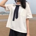 Short-sleeve Bear Print Sailor Collar Top Off-white - One Size